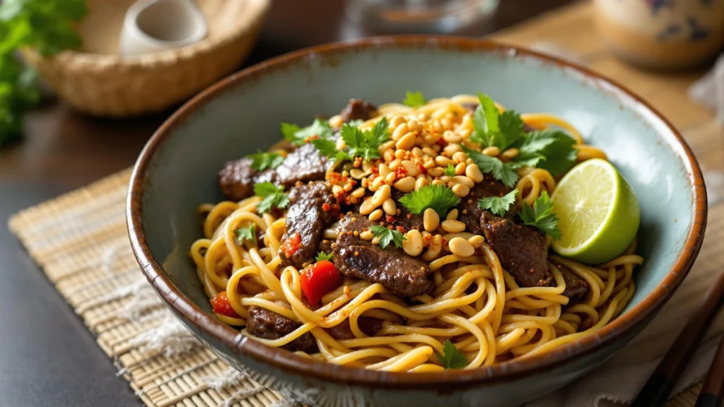 Plated fusion beef chow fun recipe with wide rice noodles, marinated beef, and global toppings like Thai basil, crushed peanuts, and lime, styled for a modern food blog.