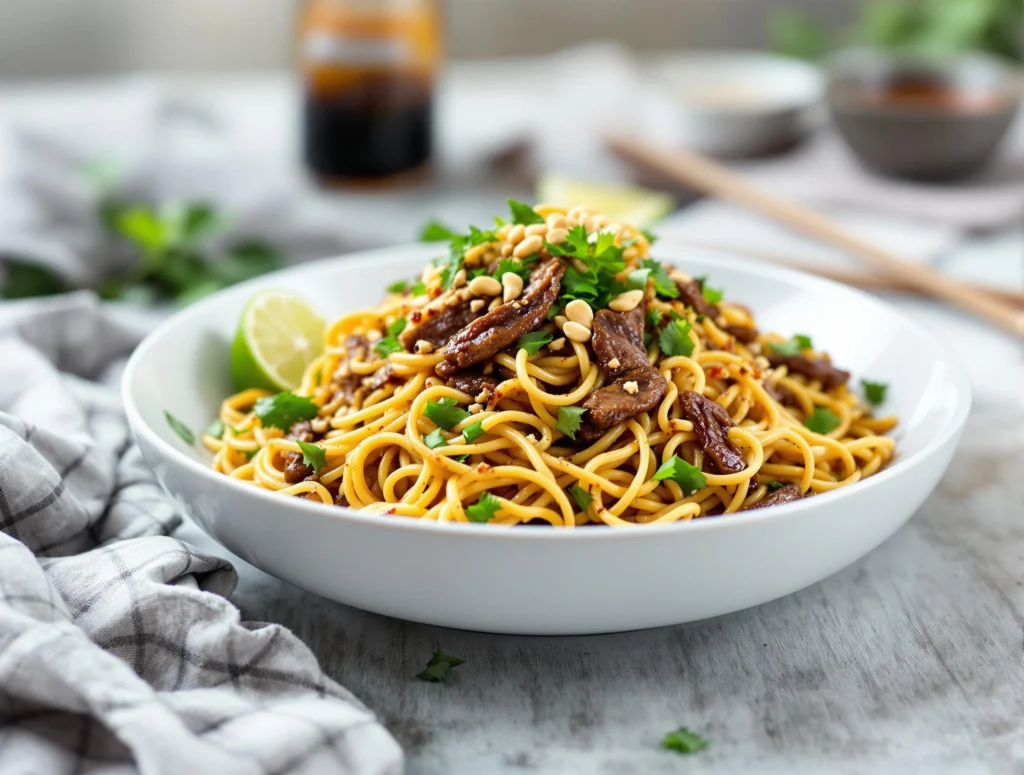 A vibrant plate of beef chow fun recipe featuring glossy noodles, tender beef slices, and colorful fusion garnishes like herbs, chili paste, and peanuts.