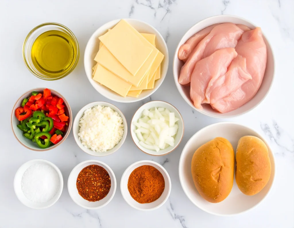 Chicken Philly Cheesesteak recipe sandwich filled with sliced chicken, melted cheese, sautéed peppers a