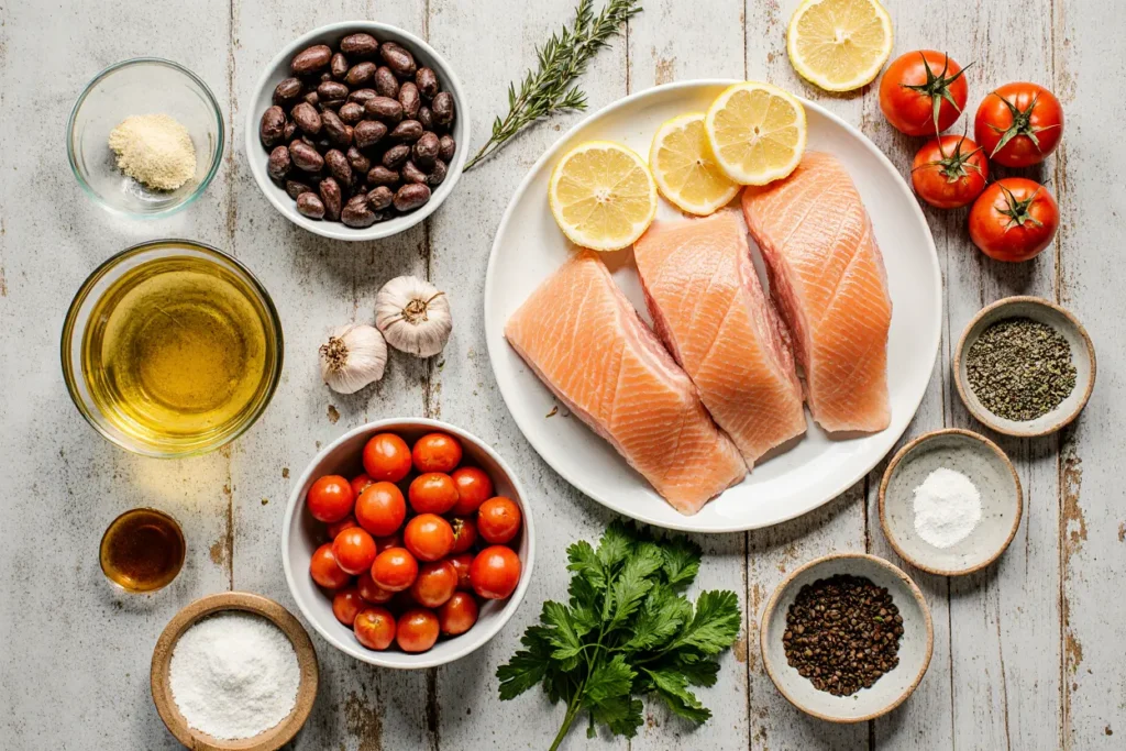 Mediterranean-style baked redfish recipe with lemon, olives, and cherry tomatoes—an easy fusion twist on traditional red fish recipes, perfect for healthy and flavorful home cooking.