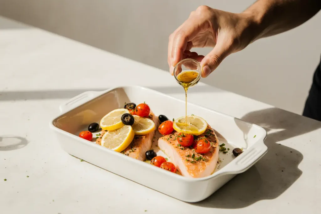 Mediterranean-style baked redfish recipe with lemon, olives, and cherry tomatoes—an easy fusion twist on traditional red fish recipes, perfect for healthy and flavorful home cooking.